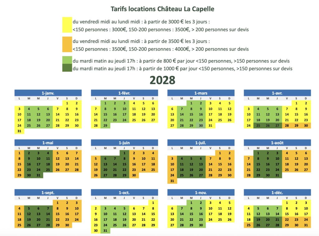 tarifs location Château la Capelle 2028